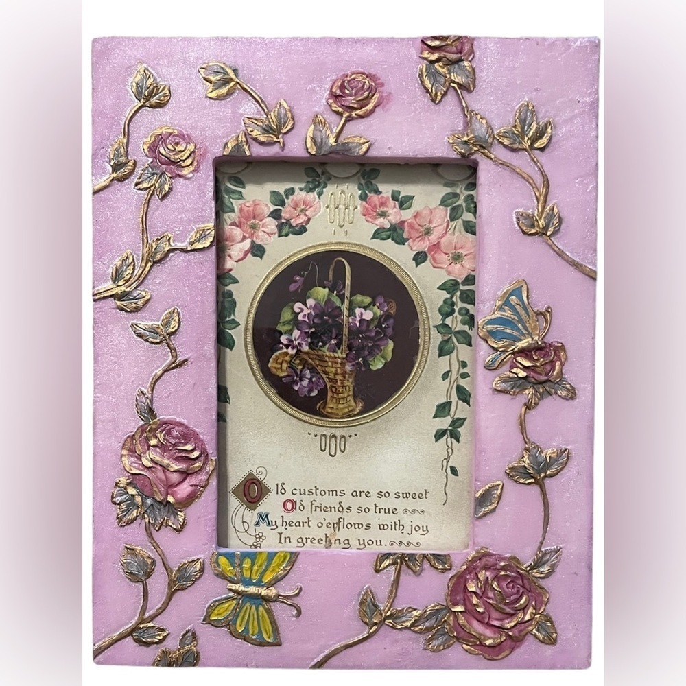 Valentines gift for her - Beautiful floral frame with a 100 year old card